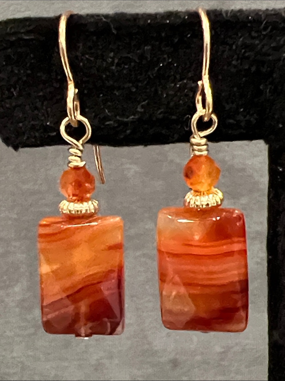 Carnelian faceted gemstone dangle earrings, hypoallergenic gold filled ear wires